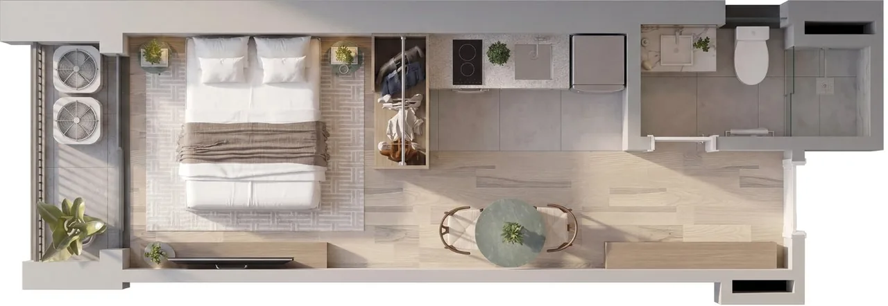Planta humanizada do studio de 28 m² do Manhattan Studios