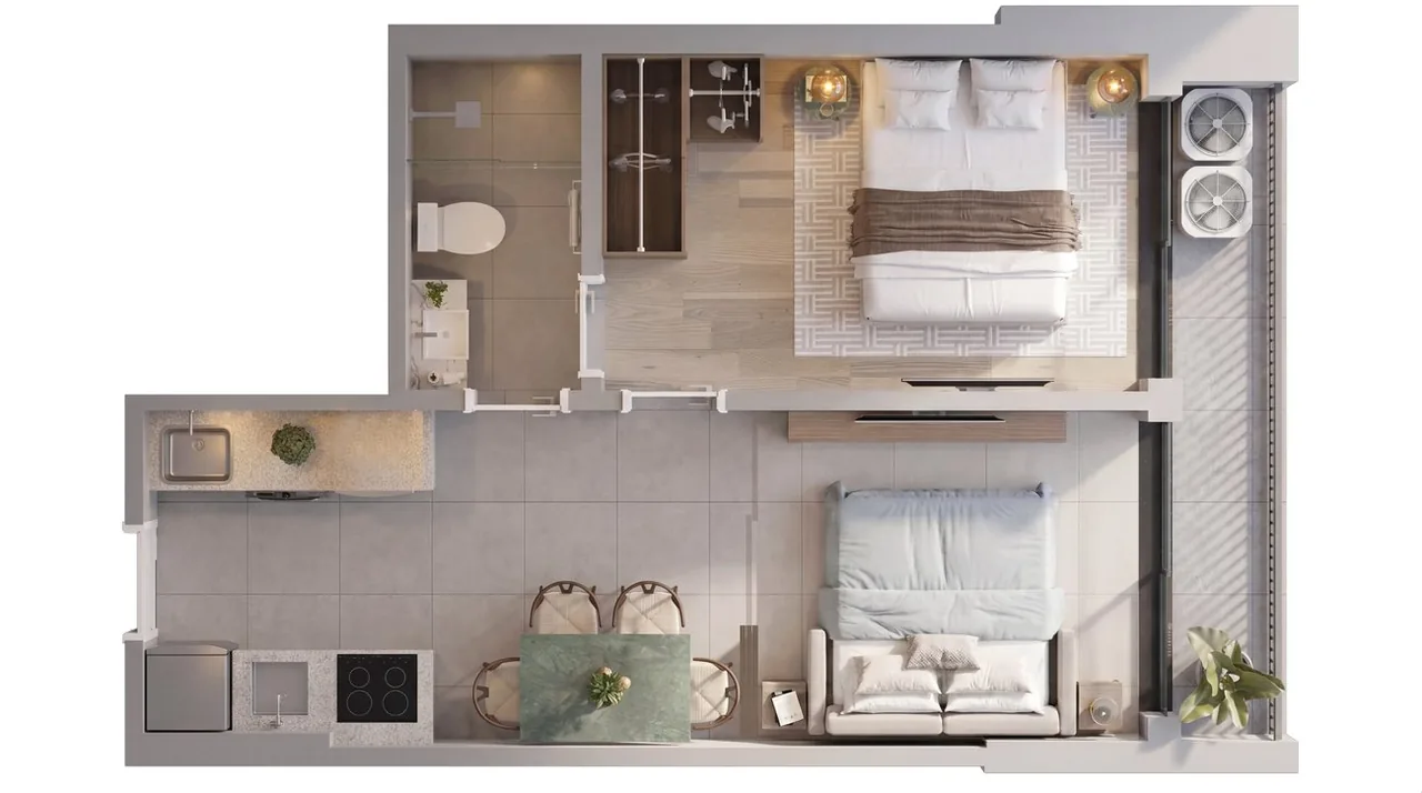 Planta humanizada do apartamento de 40 m² do Manhattan Studios