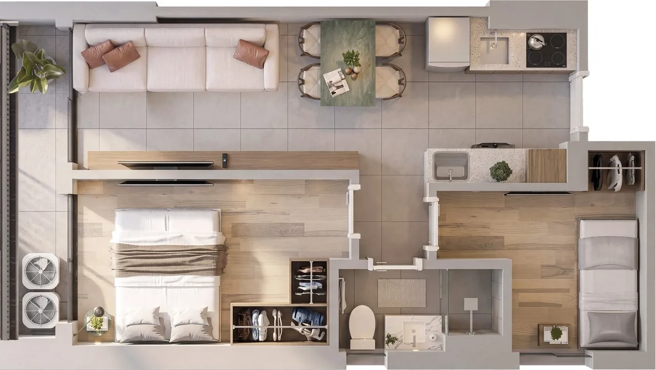 Planta humanizada do apartamento de 48 m² do Manhattan Studios