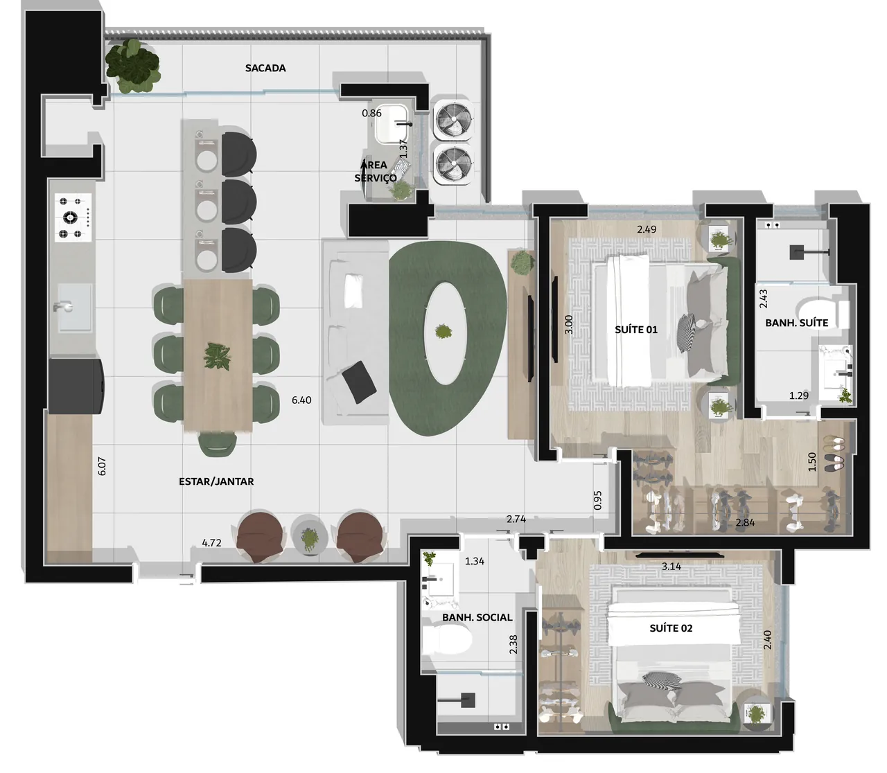 Planta D do Mirage Residence - 77 m²