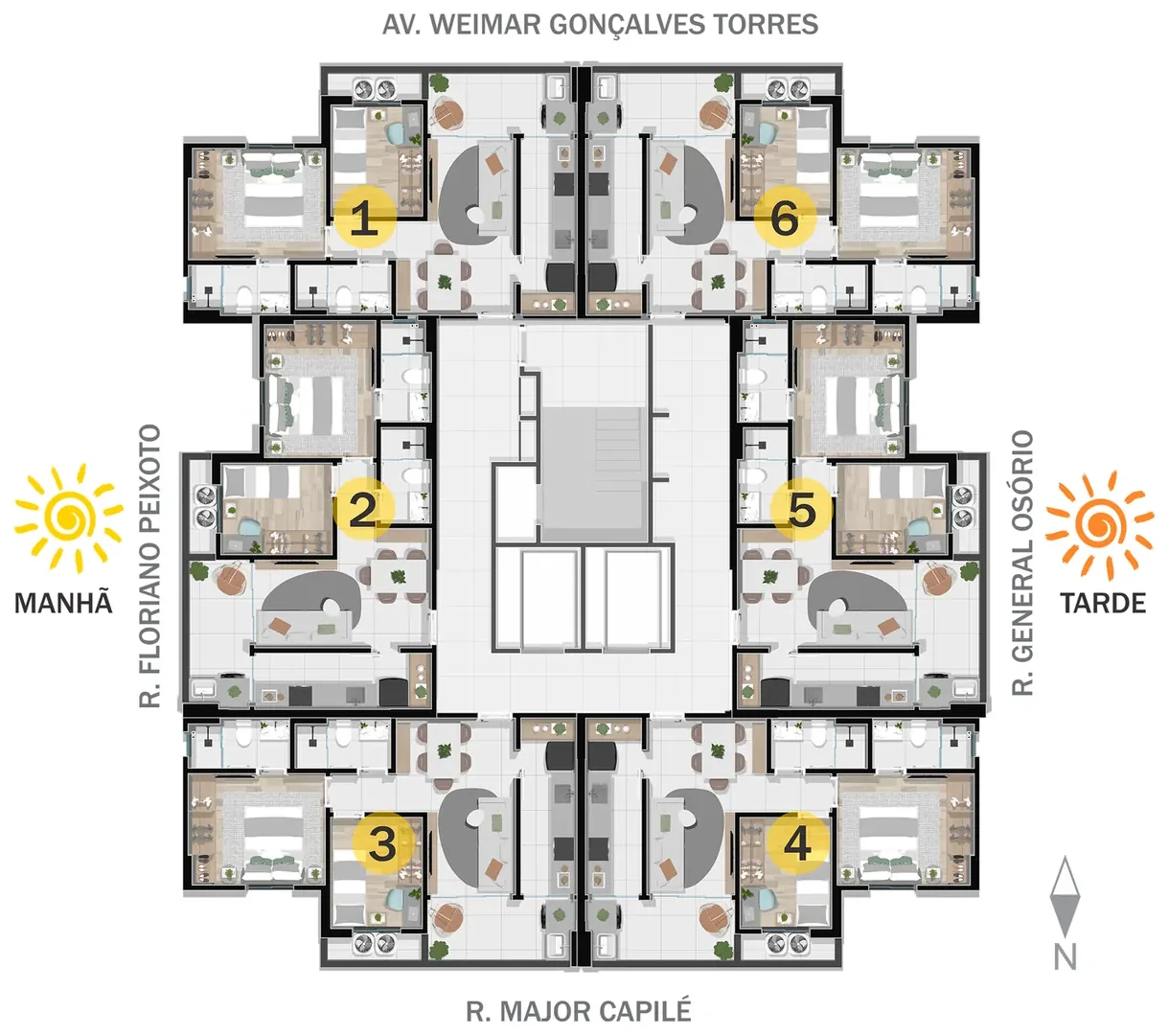 Planta do pavimento tipo do Phenom com 6 apartamentos por andar Planta do pavimento tipo do Phenom com 6 apartamentos por andar