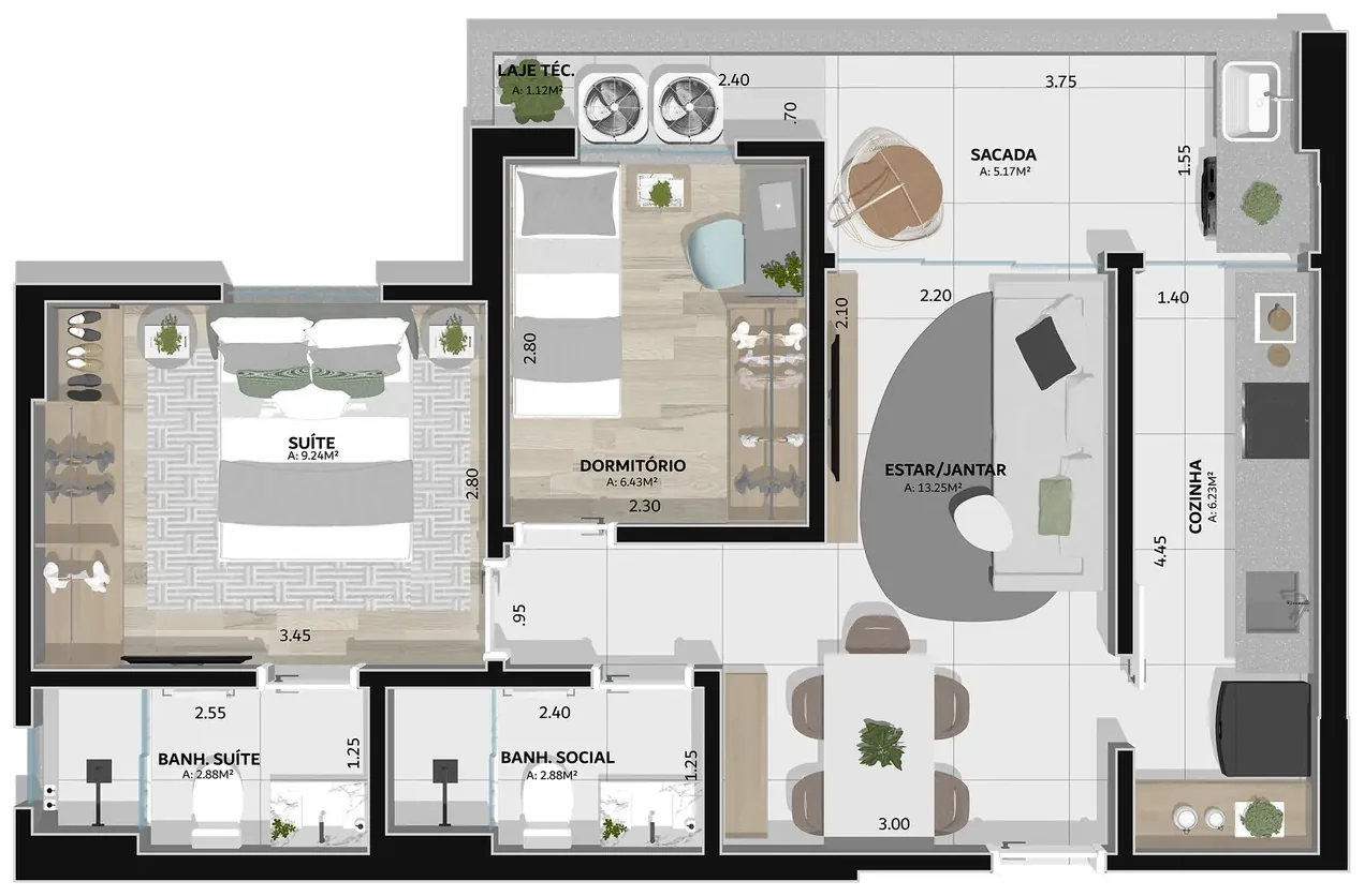 Planta do Phenom Modelo A - 58 m² com suíte e dormitório Planta do Phenom Modelo A - 58 m² com suíte e dormitório