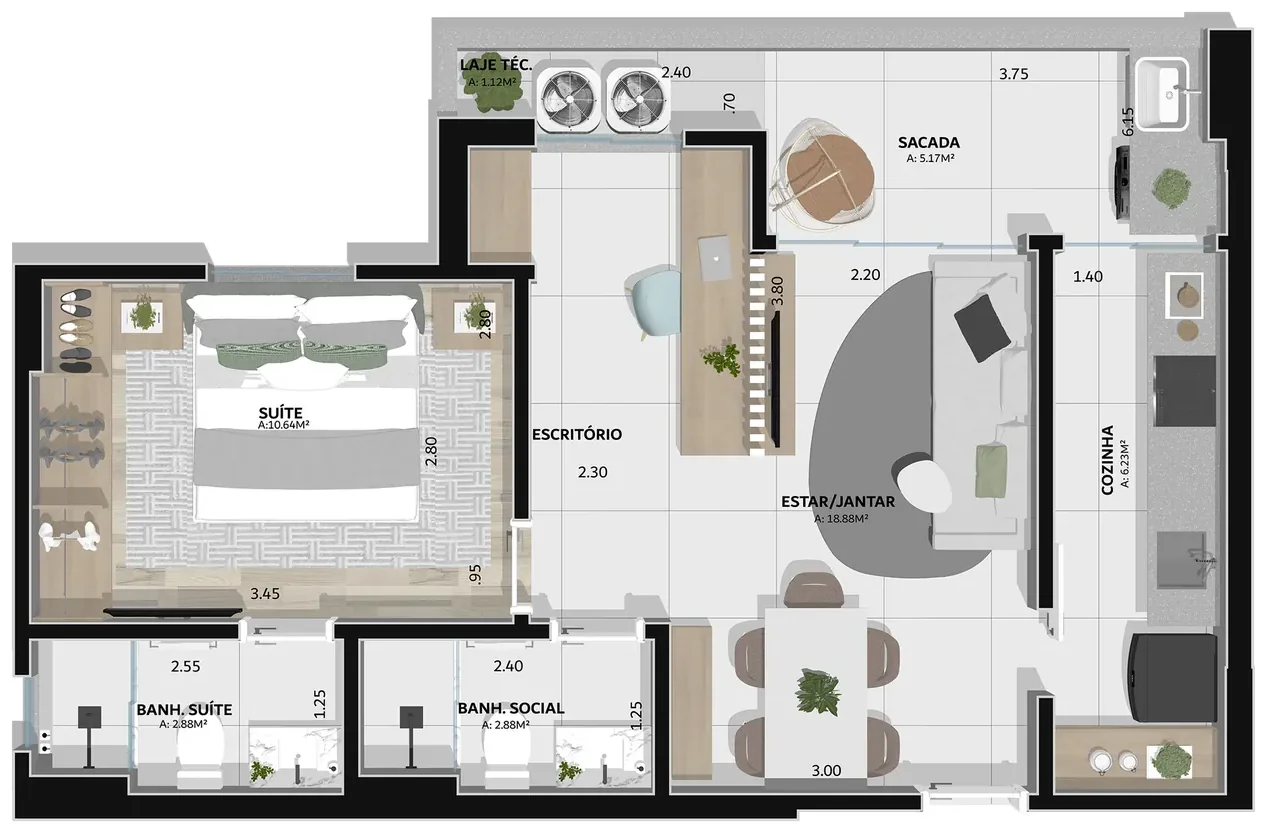 Planta do Phenom Modelo B - 58 m² com suíte e escritório Planta do Phenom Modelo B - 58 m² com suíte e escritório