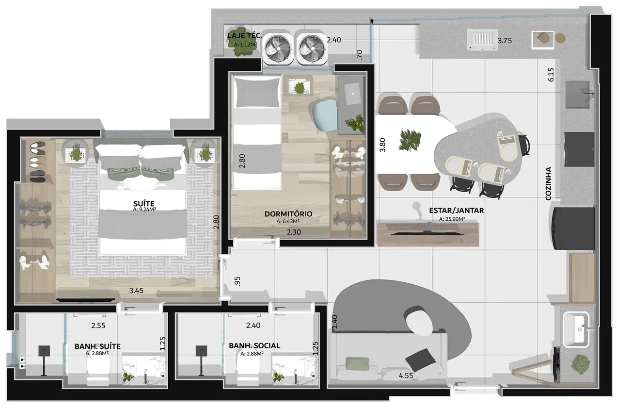 Planta do Phenom Modelo C - 58 m² com suíte e dormitório Planta do Phenom Modelo C - 58 m² com suíte e dormitório