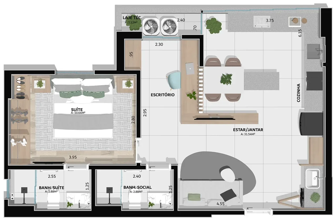 Planta do Phenom Modelo D - 58 m² com suíte e escritório Planta do Phenom Modelo D - 58 m² com suíte e escritório