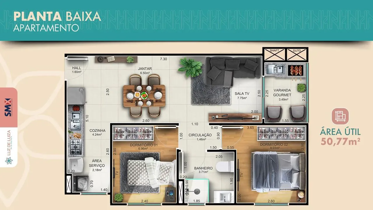 Planta baixa do apartamento de 2 dormitórios do Luz de Luiza Residence