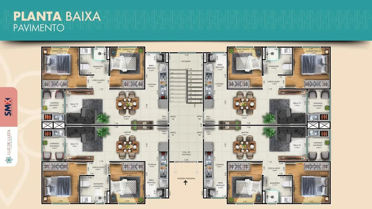 Planta do pavimento com 4 apartamentos por andar do Luz de Luiza