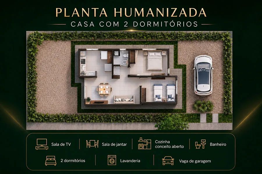 Planta humanizada da casa de 2 dormitórios no Residencial Portal do Sol Dourados MS