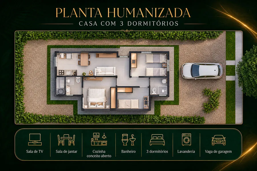 Planta humanizada da casa de 3 dormitórios com suíte no Residencial Portal do Sol Dourados MS