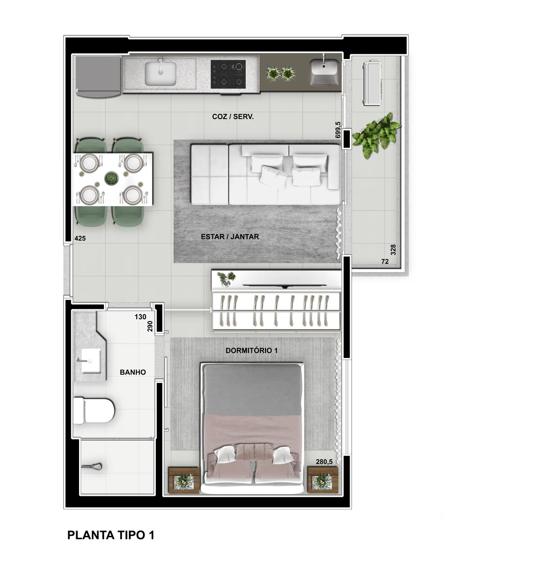 Planta Tipo 1 do Sunset - 37 m²