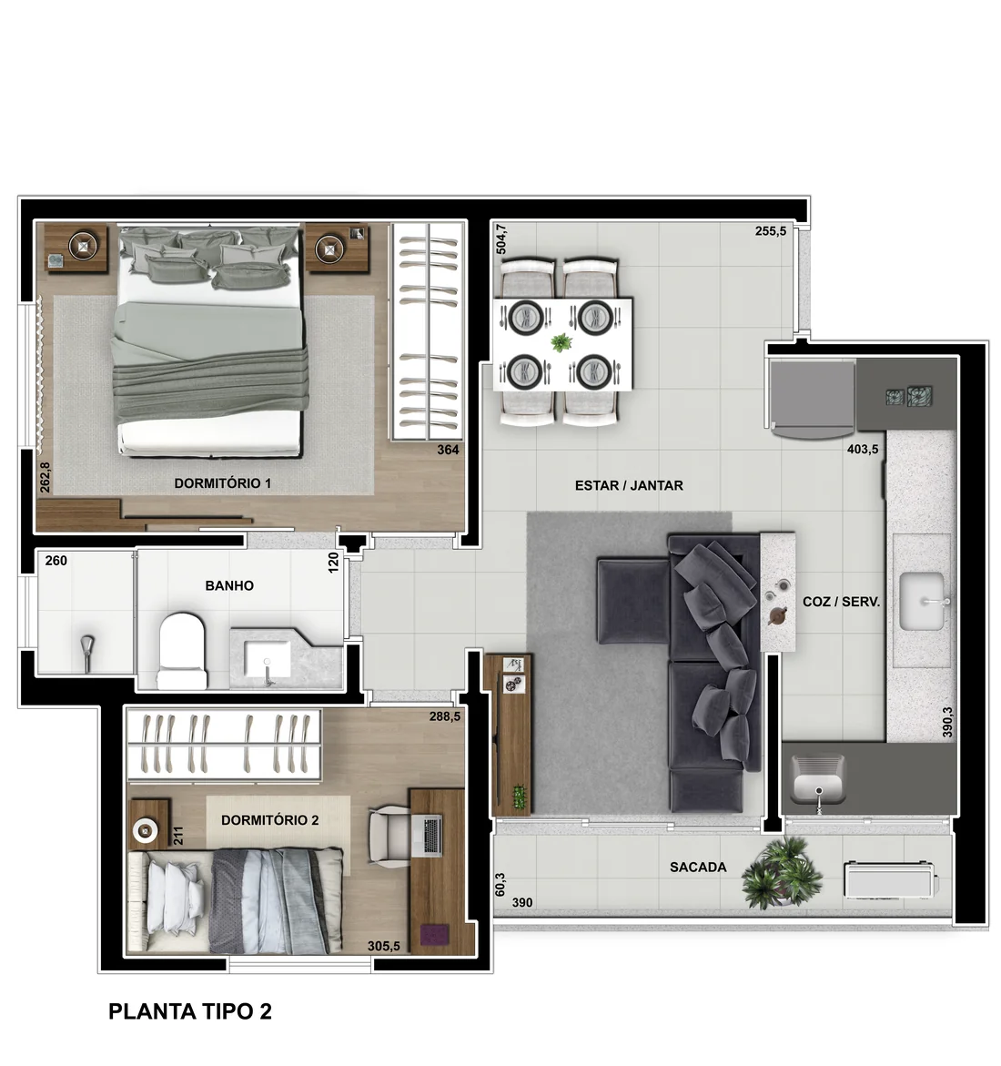 Planta Tipo 2 do Sunset - 48 m²