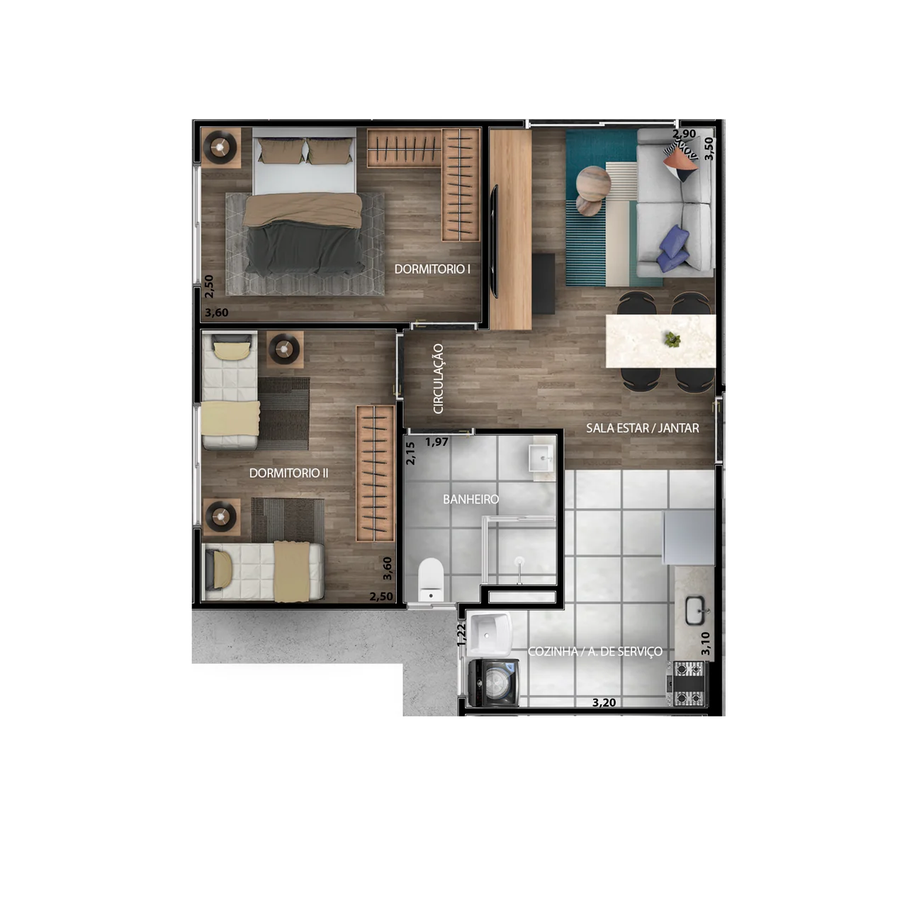 Planta do apartamento tipo do Torino - 2 dormitórios, 47,26 m²